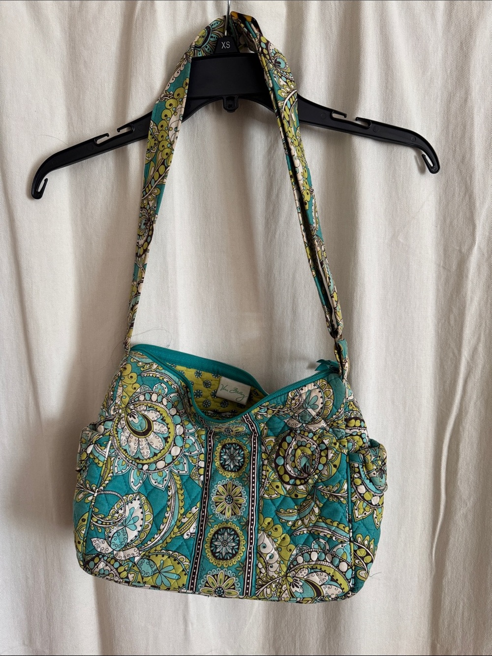 Vera Bradley Teal and Lime Paisley Quilted Shoulder Bag with adjustable strap